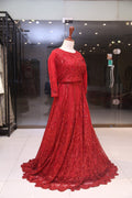 Crimson Sequin Embellished Trail Gown – Full Sleeve Bridal Maxi
